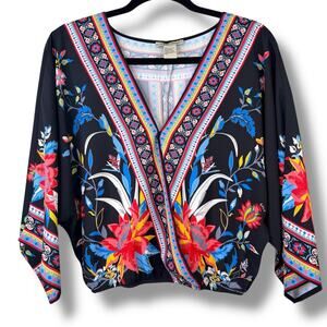 Flying Tomato Black Multi Tropical Floral Print V-Neck Batwing Faux Wrap Top